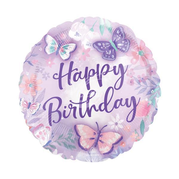 Balón fóliový 43 cm motýlci - Happy Birthday - Kliknutím zobrazíte detail obrázku.