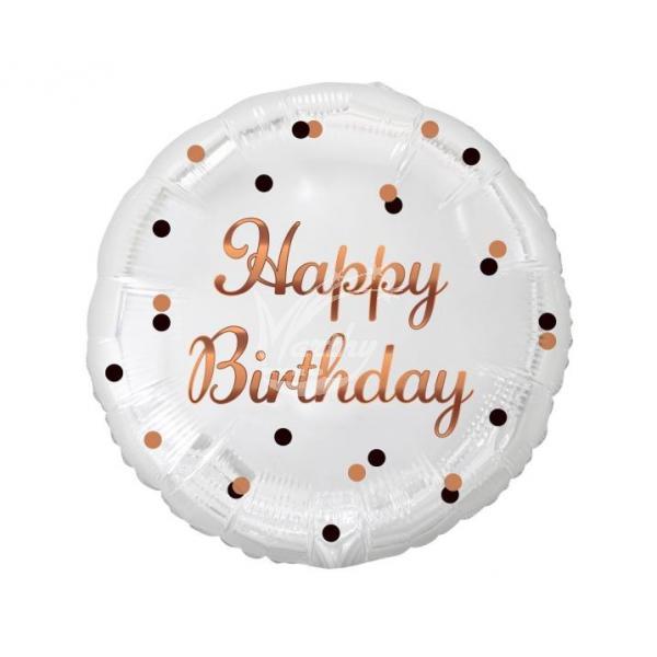 Balón fóliový 45 cm Happy Birthday - bílý - zlatý nápis - Kliknutím zobrazíte detail obrázku.