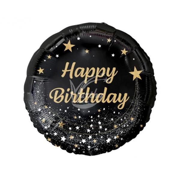 Balón fóliový 45 cm Happy Birthday - černý - zlatý nápis - Kliknutím zobrazíte detail obrázku.
